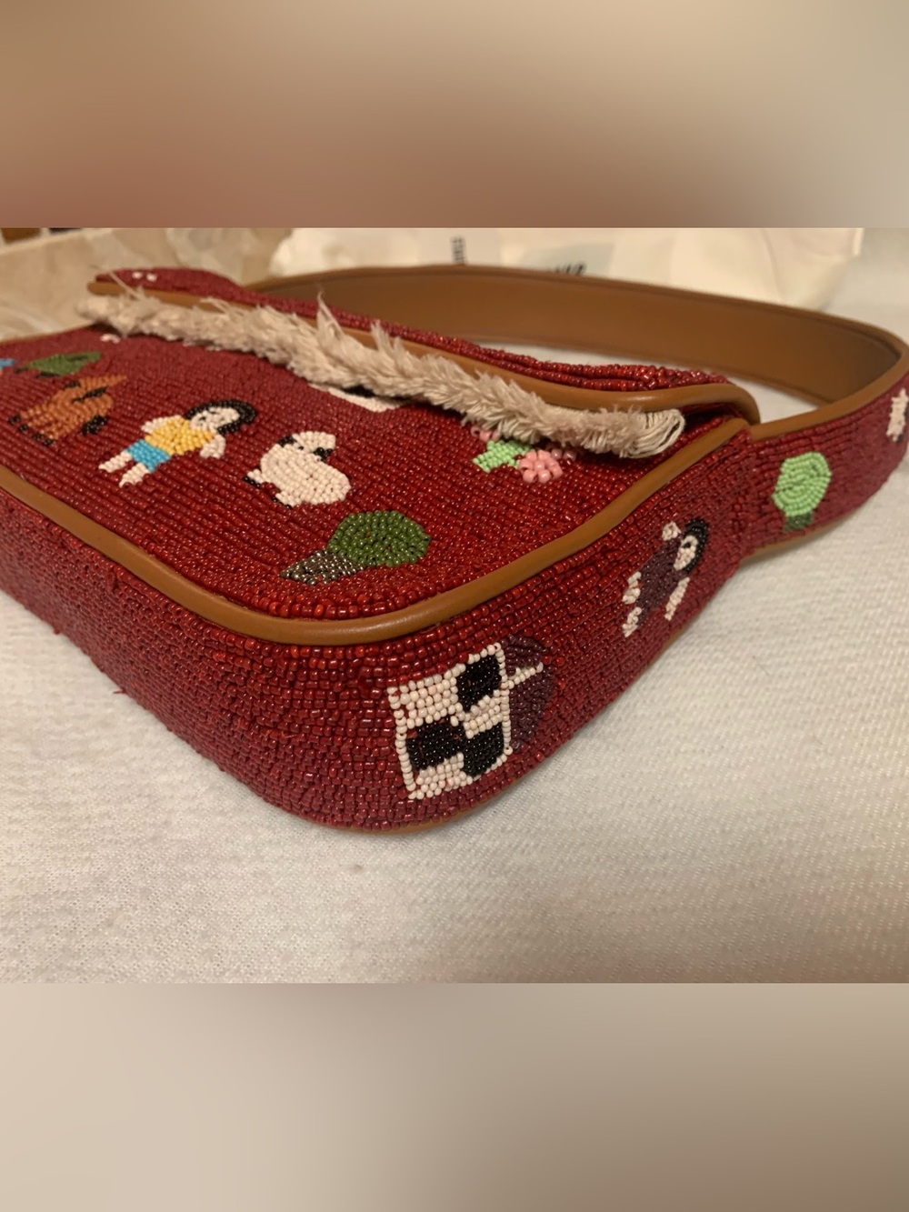 STAUD Tommy Beaded / Embroidered Folk Town Shoulder Bag Red W Tan Trim $325 MSRP - Picture 7 of 17